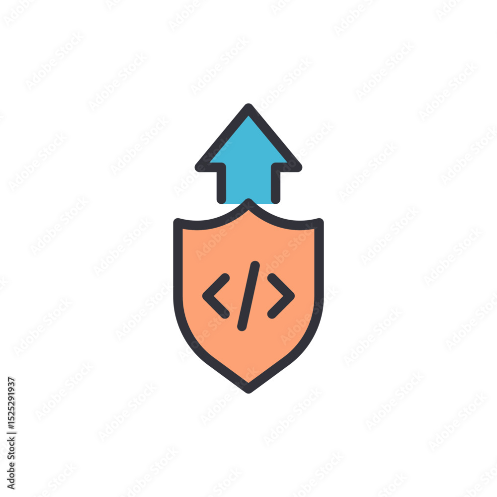 Poster code protection concept with arrow symbolizing upload on transparent display