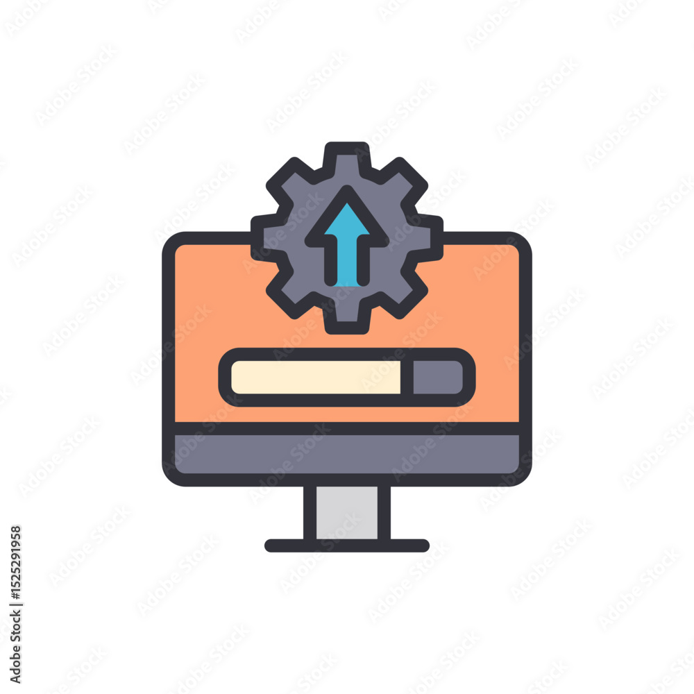 Poster software update on monitor screen with progress bar and arrow symbol