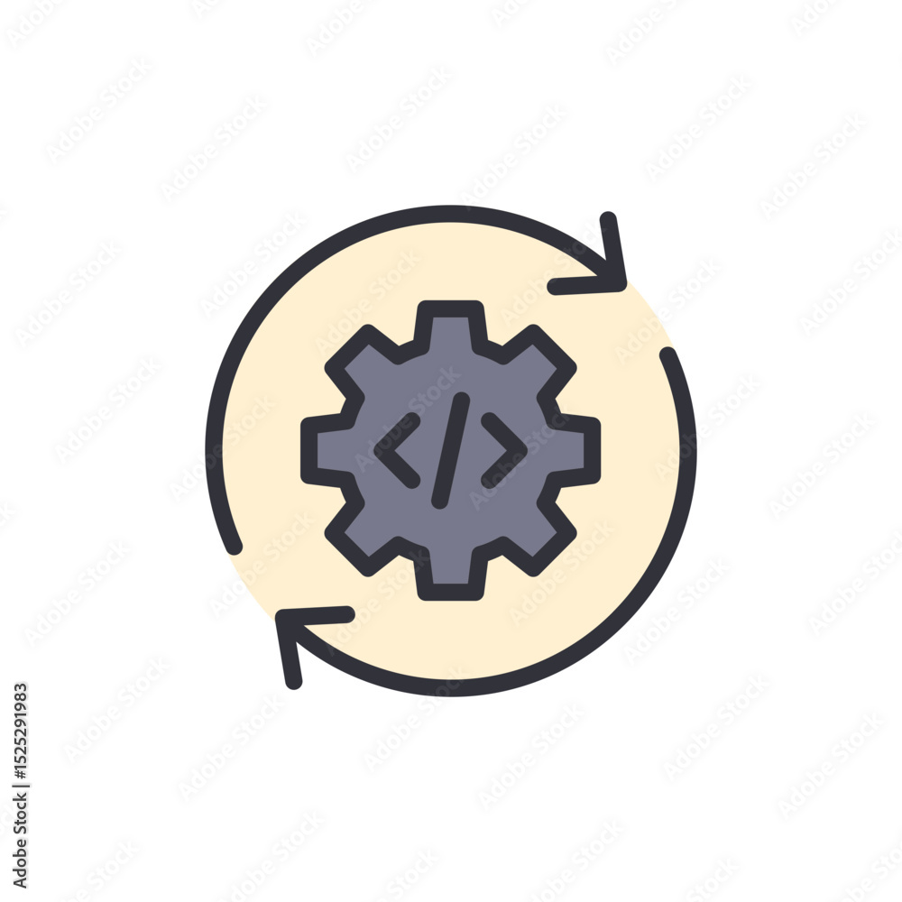Poster stylized gear with code snippet and looping arrows representing process