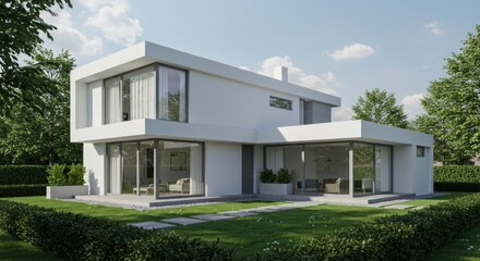 Fototapeta premium Modern white home nestled in lush greenery