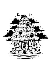 Obraz premium Mystical tree creature with eyes, clouds, and a moon, fantasy art
