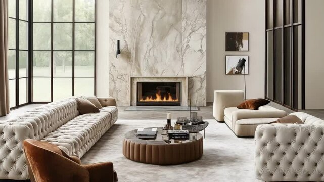 Art deco modern living room with tufted modular sofa, fireplace, and classic grid window