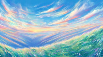 Pastel sky over dreamy green meadow