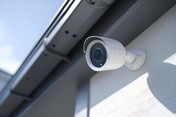White cctv security camera observing residential area from building wall