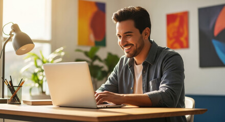 Happy Hispanic man working remotely from home office, smiling while using laptop for online business or e-learning. Freelancer, student, entrepreneur, technology, modern lifestyle.