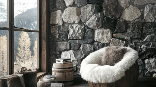 Boho country rustic modern living room with fur accent barrel chair by window and wild stone cladding wall
