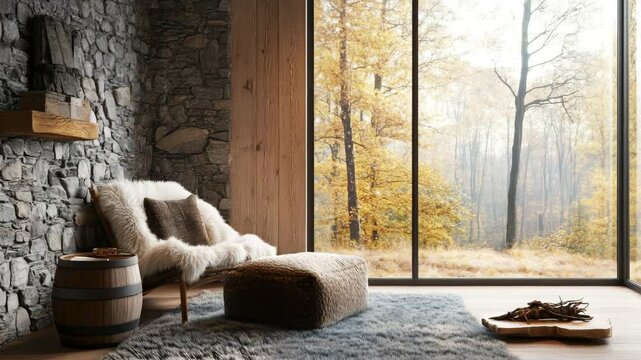 Boho country rustic modern living room with fur accent barrel chair by window and wild stone cladding wall