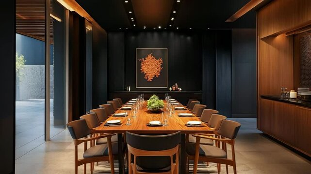 Contemporary dining space featuring wooden chairs and table framed by a sleek black wall