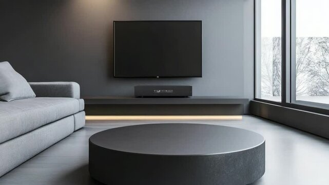 Contemporary home interior featuring grey couch and modern TV stand in minimalist style