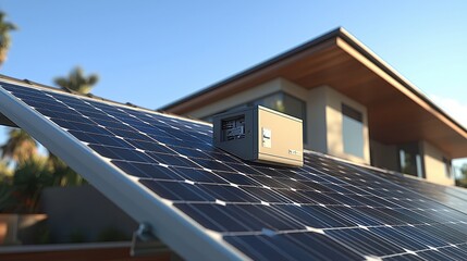 Panel junction box visible on residential roof surface with solar panels array modern house architecture clear blue sky wide-angle view