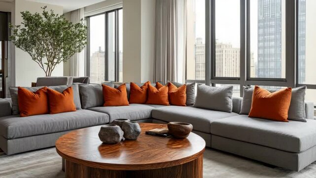 Contemporary interior featuring grey sectional sofa, warm terracotta cushions, and wooden round coffee table near window
