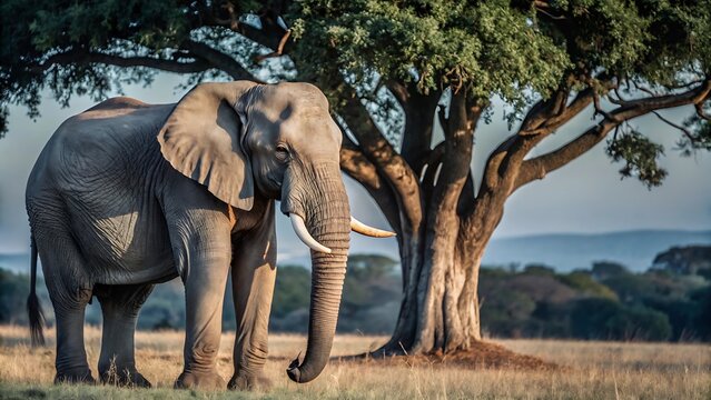 Light white elephant in natural forest shade under tree in sunlight
