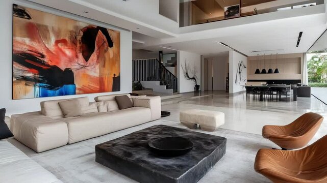 Contemporary living space with minimalist design and a striking abstract art piece
