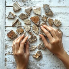 Chesapeake driftwood collection being organized by woman's hands into artistic arrangement on rustic white wood surface with soft natural light