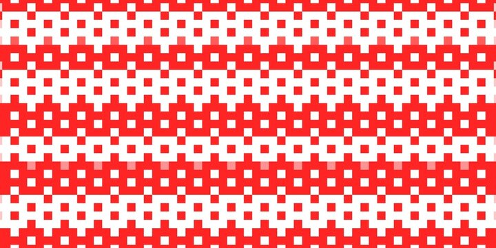 Red and White Geometric Pixel Pattern Background. The design creates a dynamic, repeating texture reminiscent of a woven overshot pattern or digital pixel art, perfect for web design