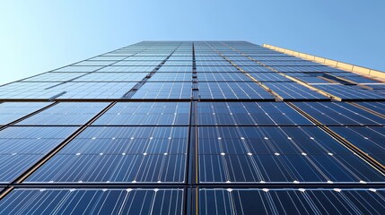 Solar panel assessment upward perspective contemporary house roof mounted photovoltaic system geometric arrangement blue sky background