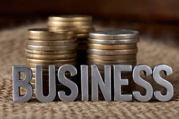 Silver BUSINESS letters stand before stacks of coins on a brown burlap surface
