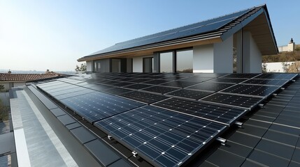 Modern residential house with solar panel optimization system featuring black photovoltaic panels professionally installed on rooftop against clear blue sky