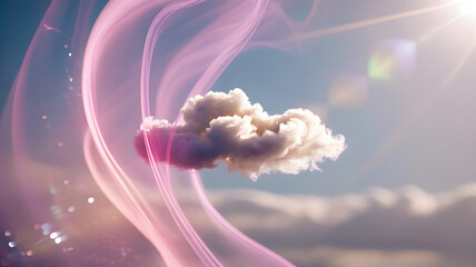 Floating fluffy cloud surrounded by dreamy pink light trails under clear sky with sun flare