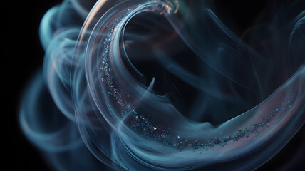 Swirling blue smoke wave with glittering cosmic particles in dark abstract space