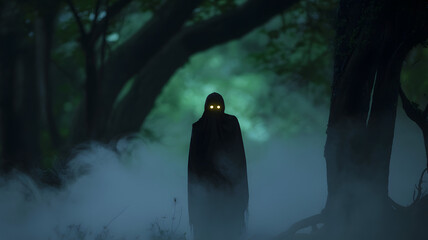 Dark hooded figure with glowing eyes emerging from forest mist in eerie twilight atmosphere