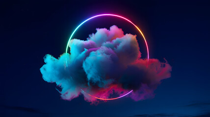 Vibrant neon circle glowing through colorful cloud against deep night sky in surreal atmosphere