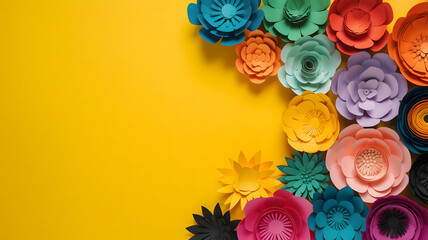 Colorful paper flower arrangement on vibrant yellow background with creative corner composition. Postacr or card with empty copy space for text, border ,frame