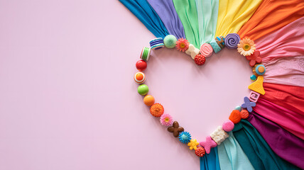 Creative heart shape made of colorful toys and textures surrounded by rainbow fabrics on pink background