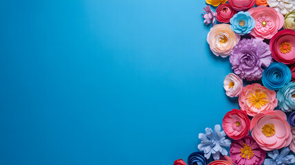 Elegant arrangement of colorful paper flowers on vibrant blue background with copy space