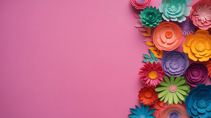 Colorful paper flower arrangement on vibrant pink background with creative corner composition. Postacr or card with empty copy space for text, border ,frame