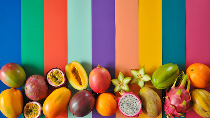Tropical fruits arranged on vibrant rainbow stripes background in colorful flat lay composition