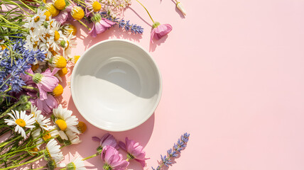 Empty white ceramic bowl surrounded by fresh wildflowers on pastel pink background with copy space