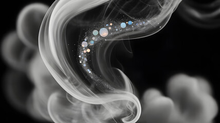 Mystical swirl of translucent smoke and glowing spheres floating in dark abstract space