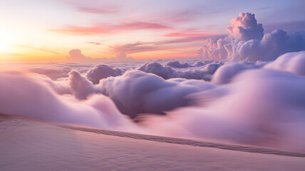 Surreal dreamy landscape of pastel clouds flowing over sand dunes at sunrise