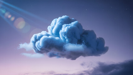 Surreal fluffy blue cloud floating in twilight sky with soft starlight and lens flares