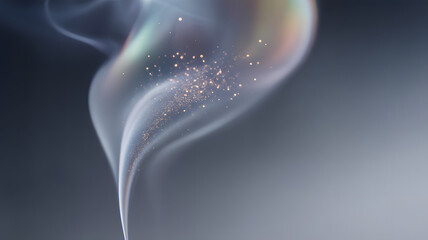 Delicate swirl of iridescent smoke with glowing particles suspended in soft gradient space