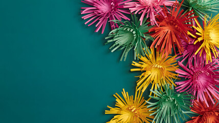 Colorful paper chrysanthemums arranged in corner composition on teal background with vibrant festive energy. Backdrop, border, frame, postcard. Stylish minimalist modern design. Copy space