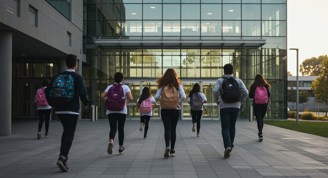 Students rush to class energetic vibrant youthful joy