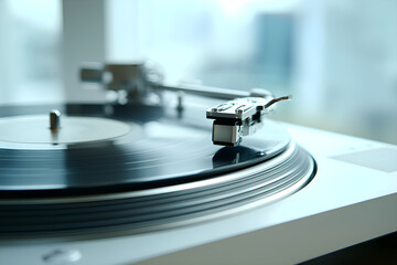 Obraz premium Vinyl record playing on turntable, listening to music on analog player