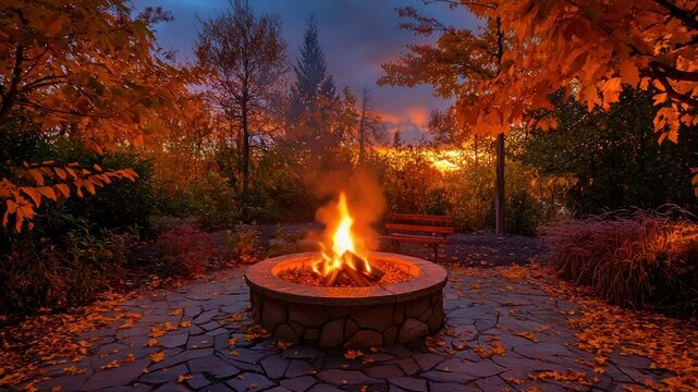 Autumn sunset fire pit scene with vibrant fall foliage