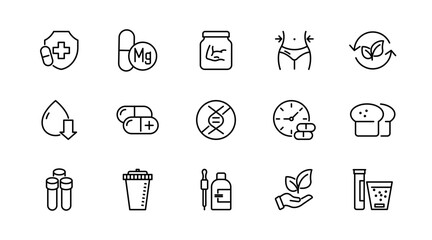 Supplements linear icon set. Fitness, gym, dietary, nutrition, healthy food, detox diet, lifestyle, vitamins, amino acids, natural, herbal, dry, energy outline vector icon set. UI thin line icon pack.