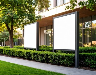 Blank advertising billboards near modern building with green hedge and trees