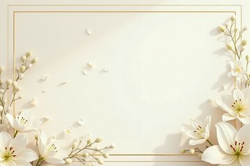 A soft ivory invitation background with champagne-tinted golden frames and white flowers.