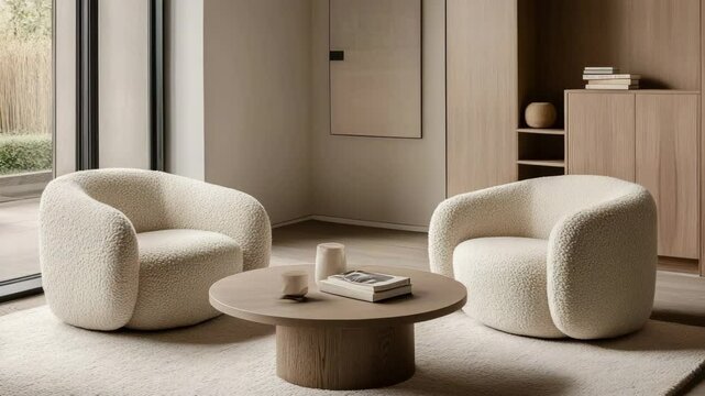 Japandi minimalist living room with boucle armchairs, round coffee table, and neutral modern decor