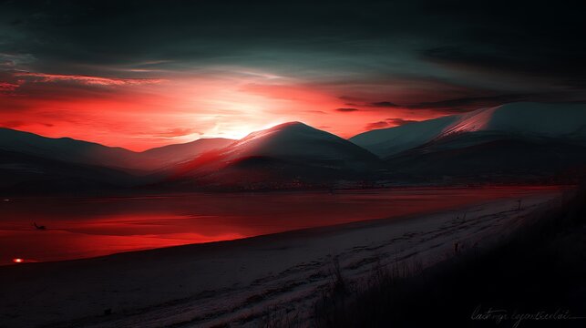Fiery sky over mountainous landscape view