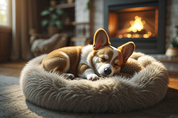 Relaxing corgi pup sleeps peacefully on a plush bed near a cozy fireplace in a warm living room