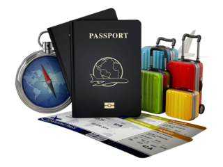 Passports, luggages, tickets and compass on transparent background. 3D illustration