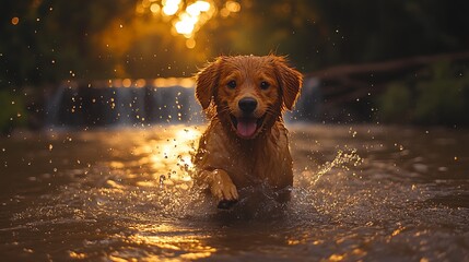 Golden retriever dog running through water splashing