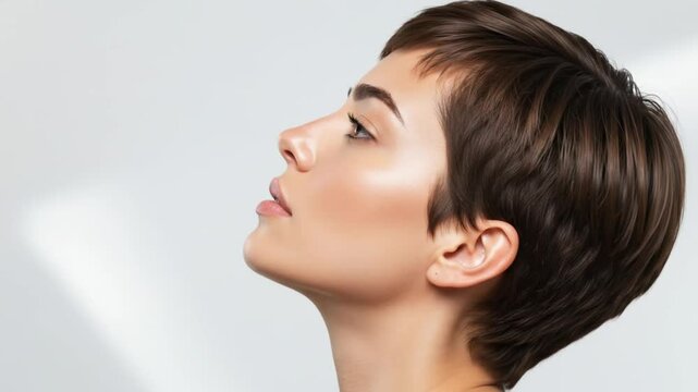 Side Profile of Woman with Short Hair and Clear Skin on Light Background

