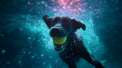 happy labrador diving underwater to catch a tennis ball — ideal for pet-related advertisements, joyful posters, or content about active dog breeds